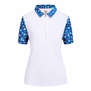 JRB Women's Golf Shirt - White With Lapis Green Print - Sleeved Or Sleeveless JRB Women's Golf Shirt - White With Lapis Green Print - Sleeved Or Sleeveless
