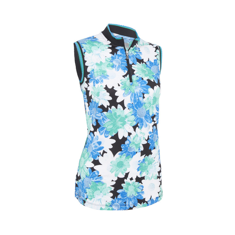 Callaway Golf Ladies Printed Floral Zip Sleeveless Polo - Caviar - CGKSC017