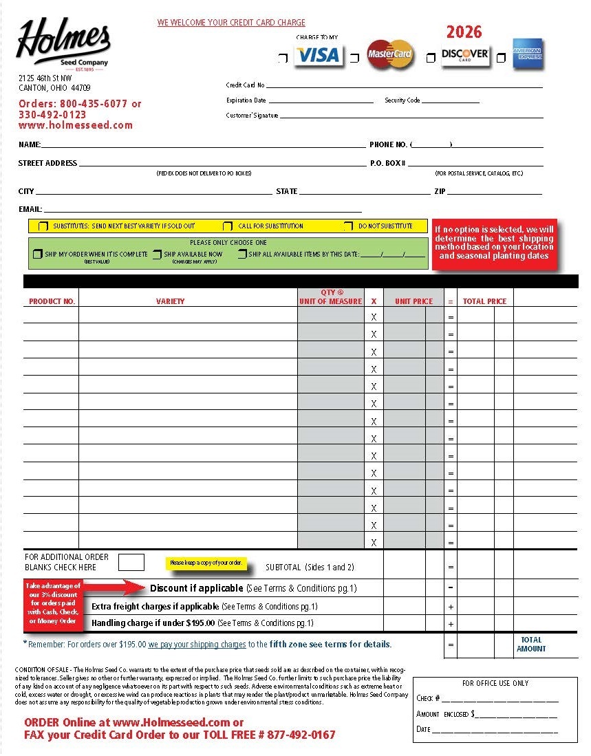 2026 Holmes Seed Order Blank