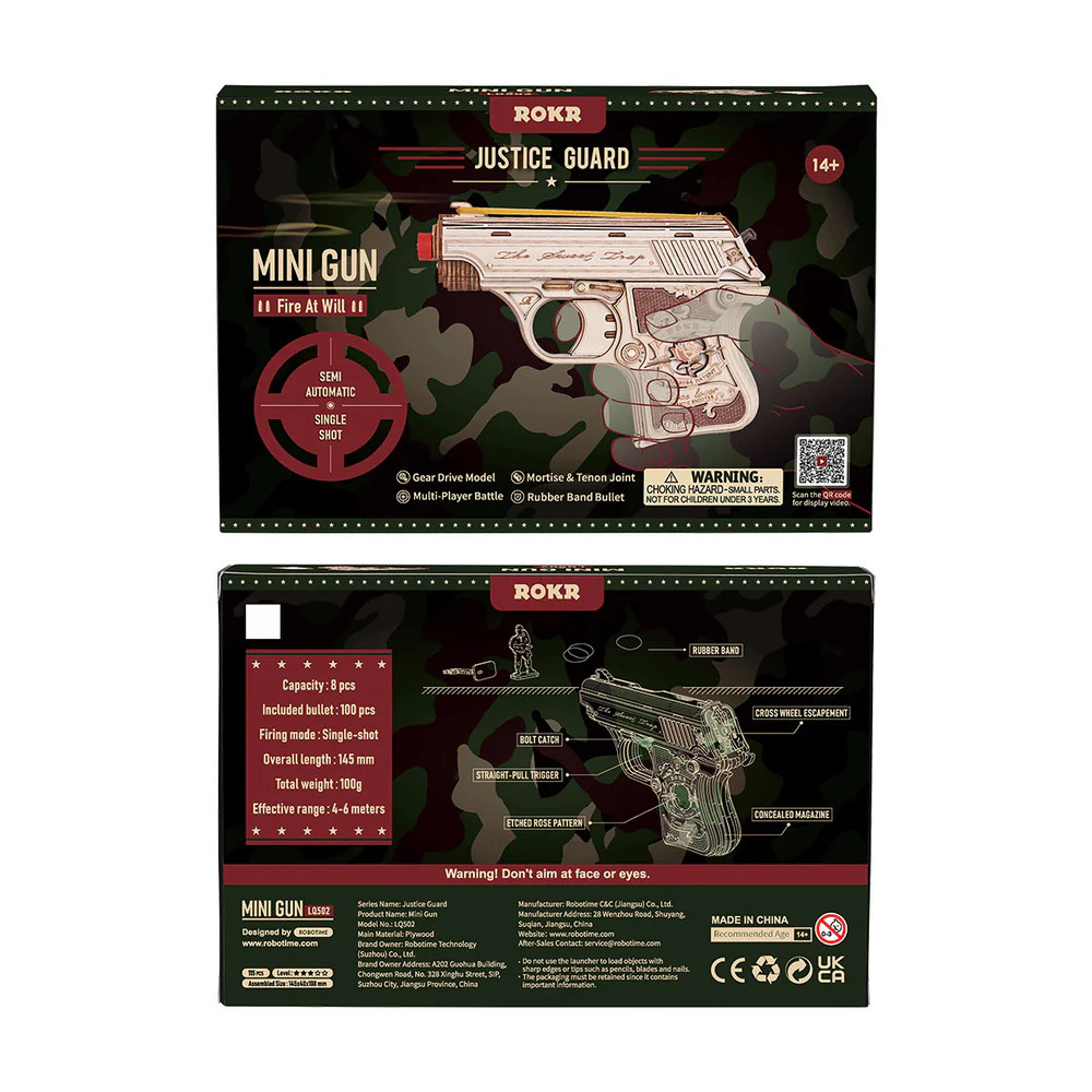ROELQ502 ROBOTIME ROKR Mini Toy Gun (Shoots Rubber Bands) Wooden