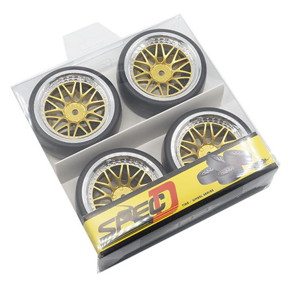 YAWL0099 YEAH RACING Spec D LS Wheel Offset +6 Gold Silver w/Tire 4pcs for 1/10 Drift