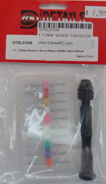 DTEL01034 HOBBY DETAILS 1.1 - 2.0mm Precision Shock Piston Drill Bit / Hand Drill Set