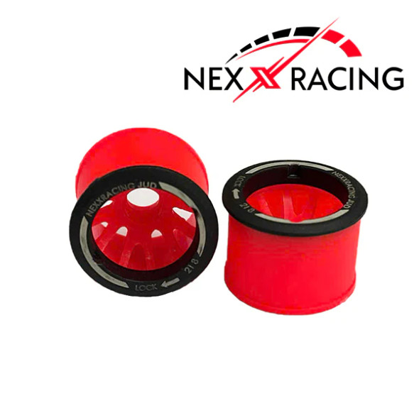 NXUSA-EVO-R+3-R NEXX RACING 2WD "JUD" Threaded Carbon-Fiber Reinforced EVO Flanged Rear Wheels Offset +3 (2pcs) for Mini-Z - Red