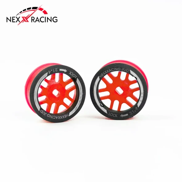 SHRCNXUSA-EVOAWD-R-0-R NEXX RACING AWD "JUD" Threaded Carbon-Fiber Reinforced EVO Flanged Rear Wheels (2pcs) for Mini-Z - Red