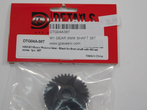 DTG04A38T HOBBY DETAILS HSS M1 Motor Pinions Gear - Black for 8mm Shaft and M5 Set Screw - 38T