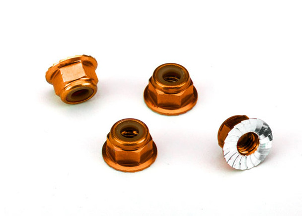 TRA1747T TRAXXAS Nuts, aluminum, flanged, serrated (4mm) (orange-anodized) (4)