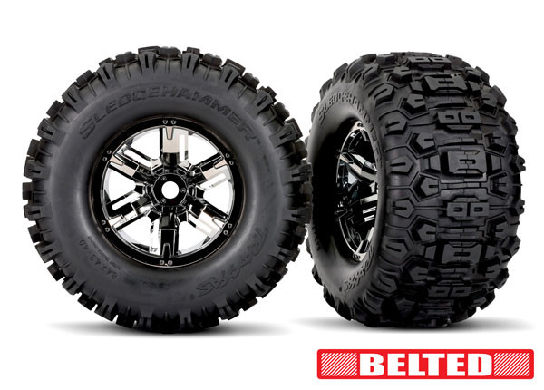TRA7871X TRAXXAS Tires & Wheels, Assembled, Glued (X-Maxx Black Chrome Wheels, Sledgehammer Belted tires) (2)
