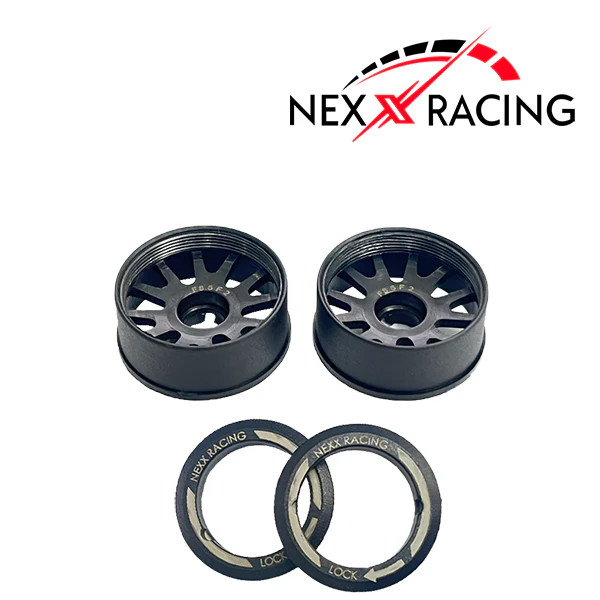 NXUSA-EVO-F+1 NEXX RACING 2WD "JUD" Threaded Carbon-Fiber Reinforced EVO Flanged Front Wheels Offset +1 (2pcs) for Mini-Z - Black