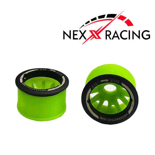 NXUSA-EVO-R+2-GR NEXX RACING 2WD "JUD" Threaded Carbon-Fiber Reinforced EVO Flanged Rear Wheels Offset +2 (2pcs) for Mini-Z - Green