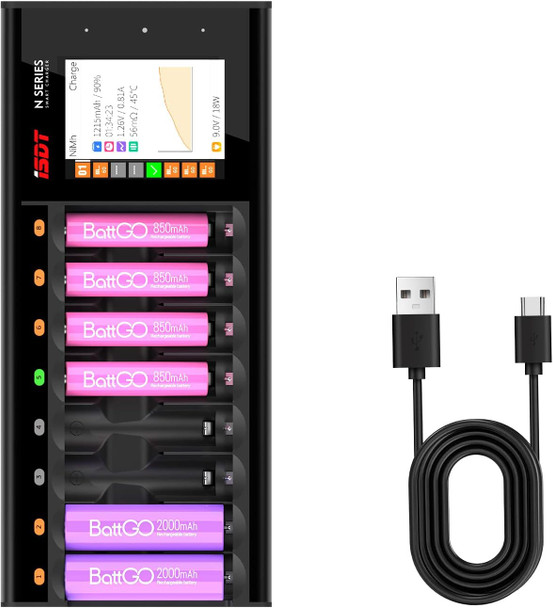 MAXISDTN8 ISDT N8 8-Bay Fast Battery Charger AA AAA with LCD Display, Rechargeable Battery Smart Tester Discharger for Ni-MH Li-Ion Ni-Cd LiFePO4 USB-C Port Not for 1.5V Lithium