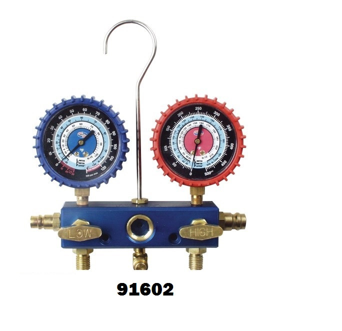 UNIWELD 91602 2-V ALUMINUM R134a/R12 AUTO MANIFOLD, 3 1/8" NPF GAUGES, 60 IN. HOSES & AUTOMATIC COU