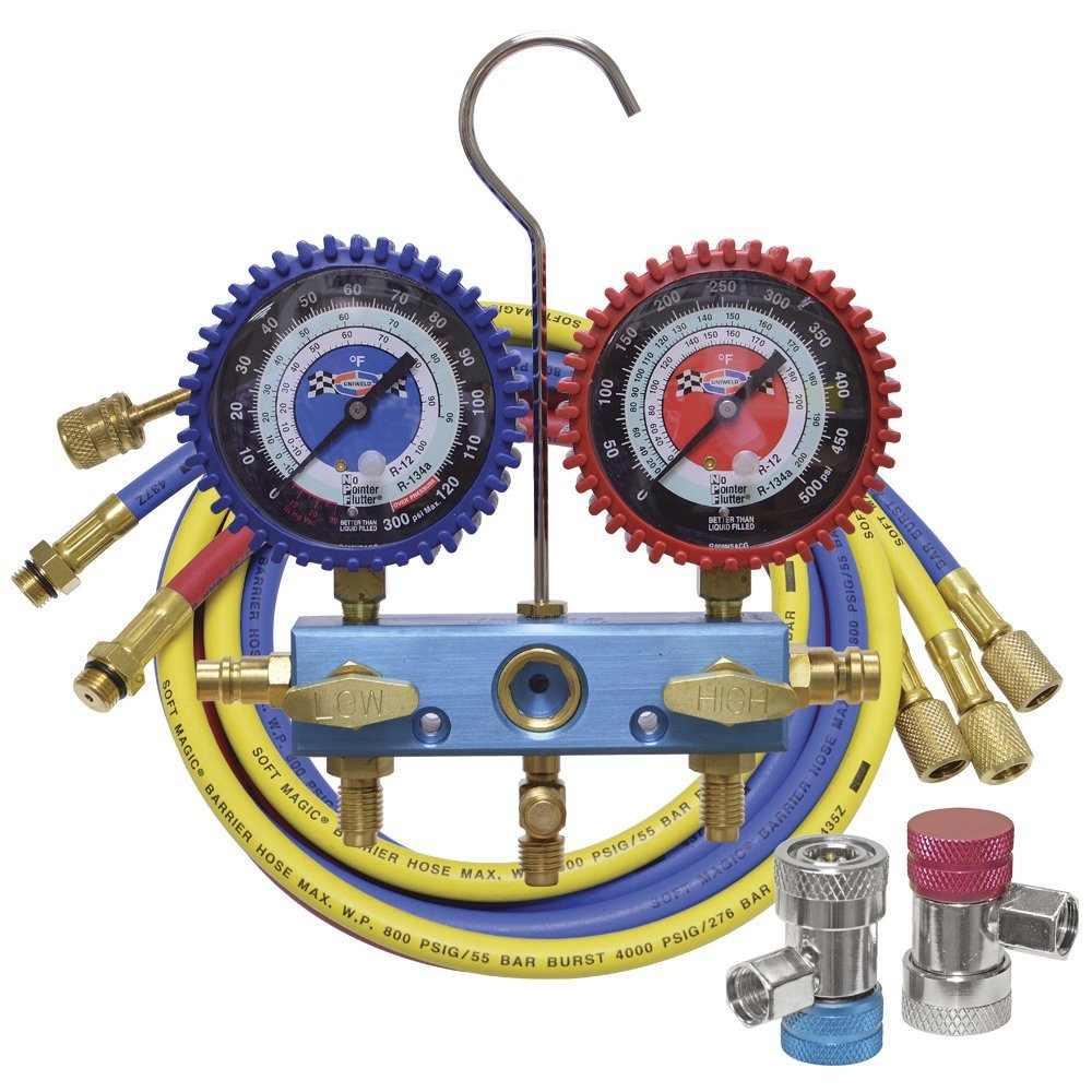 UNIWELD 91653 2-V ALUMINUM R134a/R12 AUTO MANIFOLD, 3 1/8" NPF  GAUGES, 72 IN. HOSES & MANUAL COUPLE