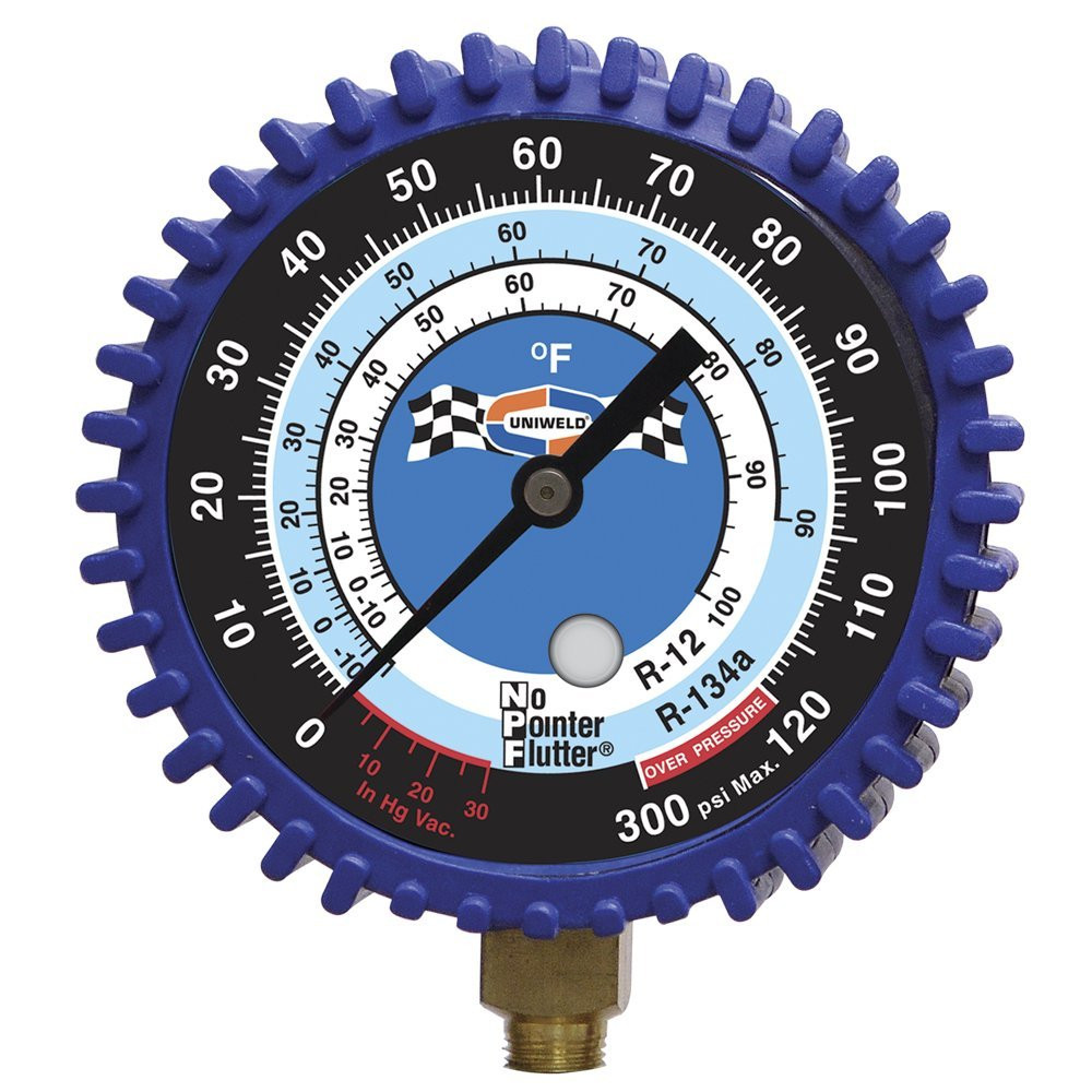 UNIWELD G410NSAD 3-1/8" BLUE/LOW PRESSURE NPF GAUGE W/BOOT, (PSI øF) (R134a/R12) UPC 53312 NEW