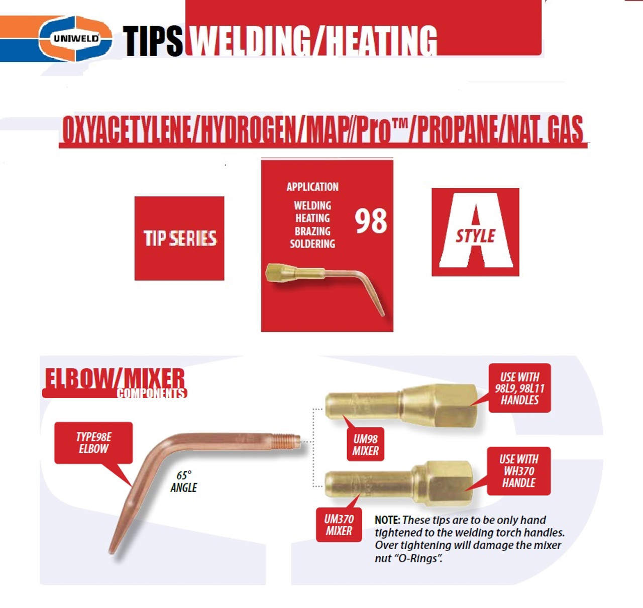 UNIWELD TYPE98E-00 / UPC 30520 Oxyacetylene/Hydrogen/MAP//Pro/Propane/Natural Gas Tip Elbow #00 MIN