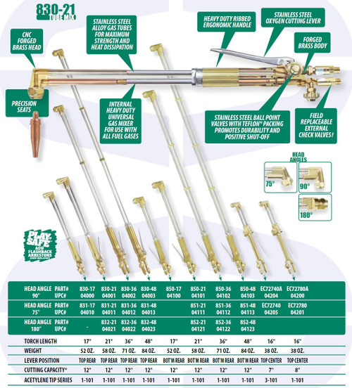 UNIWELD 832-36FB / UPC 04042 Hand Cutting Torch 180° 36" Top Rear Lever Fuel/Gas w/Flashback  Arrest
