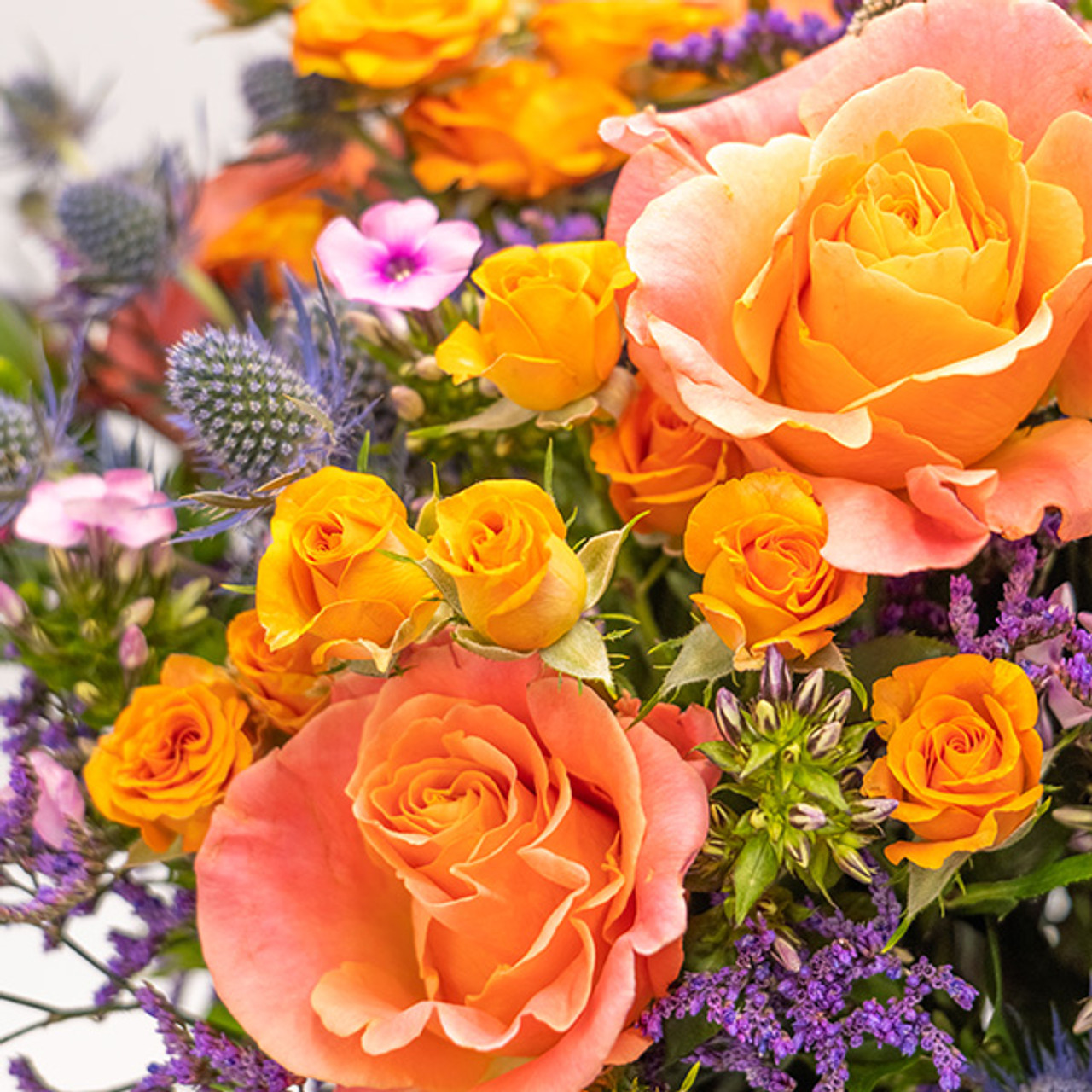 Orange Roses and Thistle Bouquet, Birthday Flower Delivery