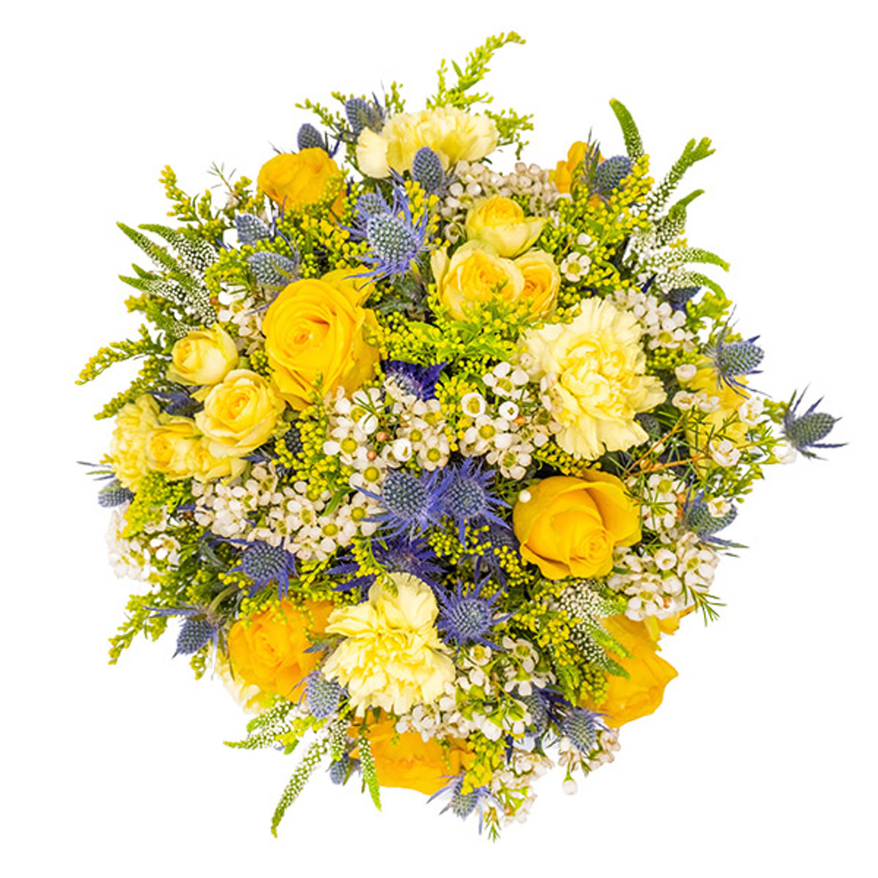 delicate yellow roses, fluffy carnations, textured limonium, cute wax flowers and spiky thistle