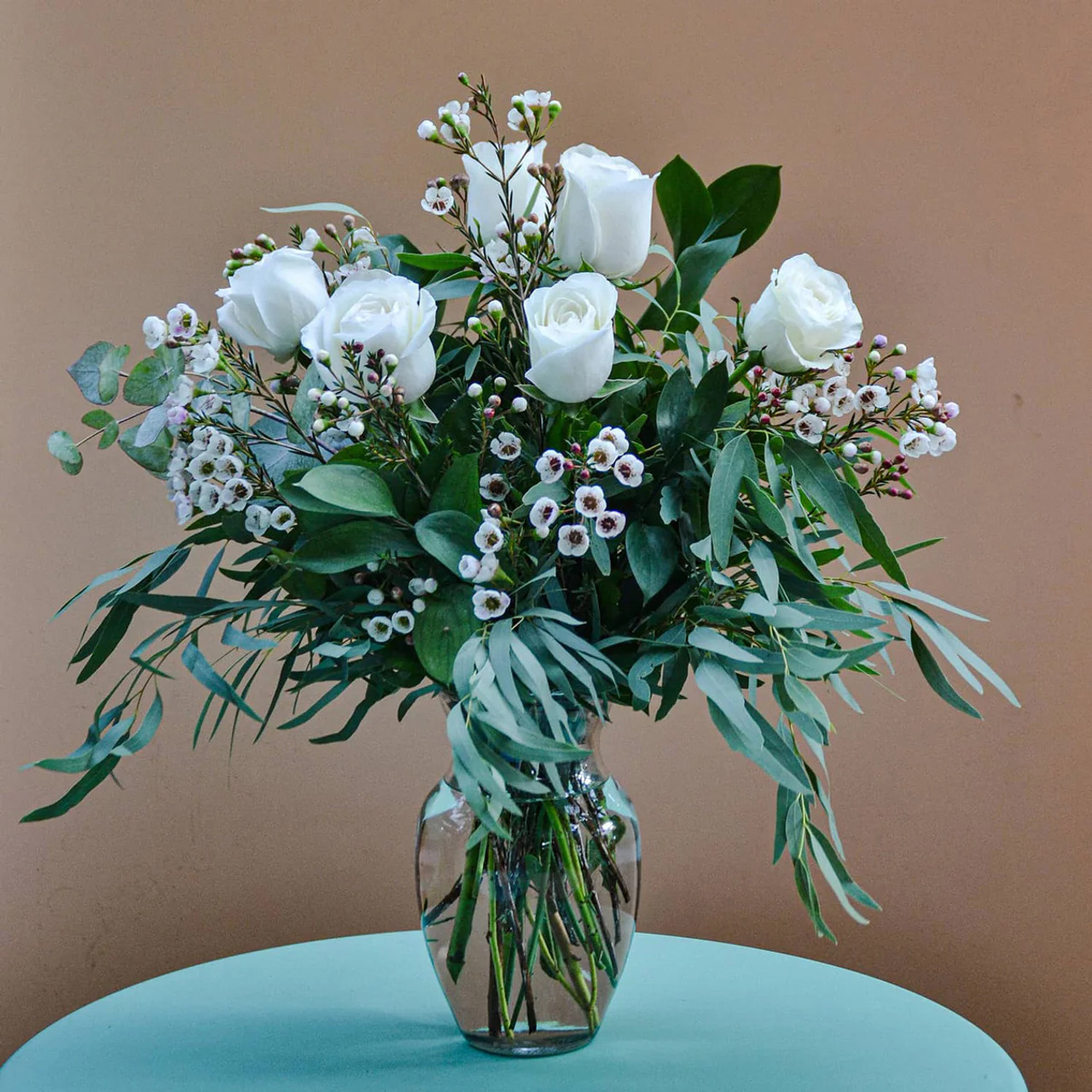 Eucalyptus and white rose letterbox flowers uk