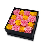 Infinity Pink and Yellow Roses in a Black Box