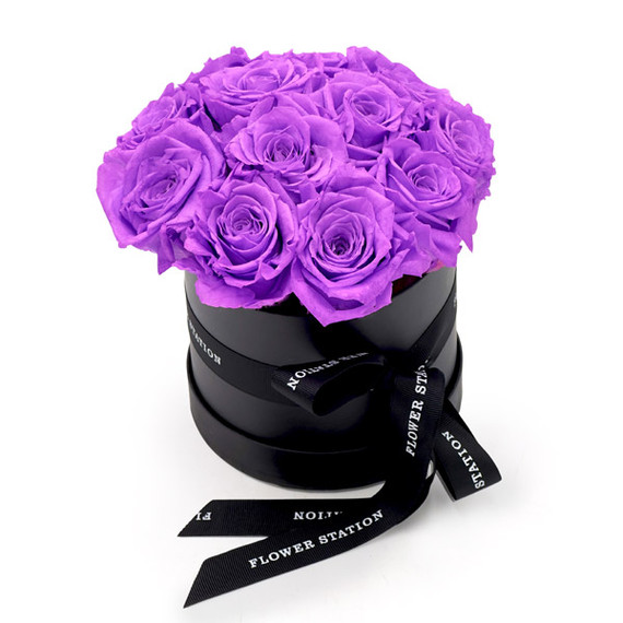 Infinity Purple Roses in a Black Hat Box