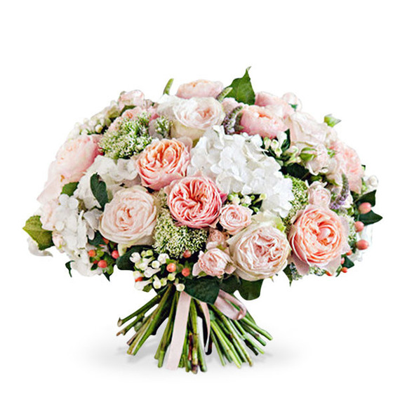 Luxury bouquet from peach roses, luxury Vuvuzela roses, pink spray roses, white hydrangeas, White trachelium and white bouvardia