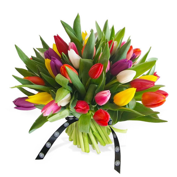 Gorgeous tulip bouquet of vivacious white, pink, purple, orange and red tulips