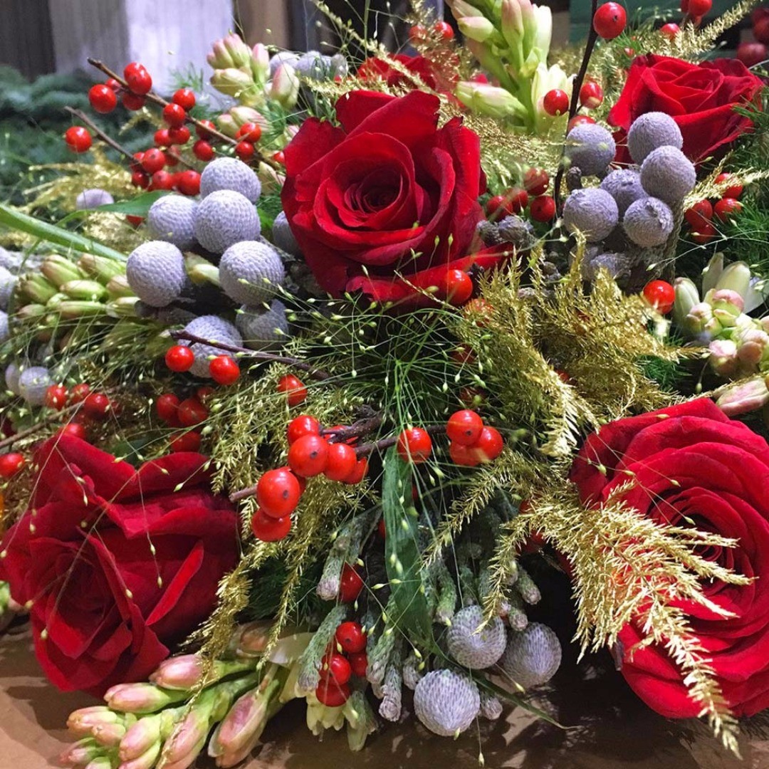 Christmas and Happy New Year flower arrangement. Christmas tree