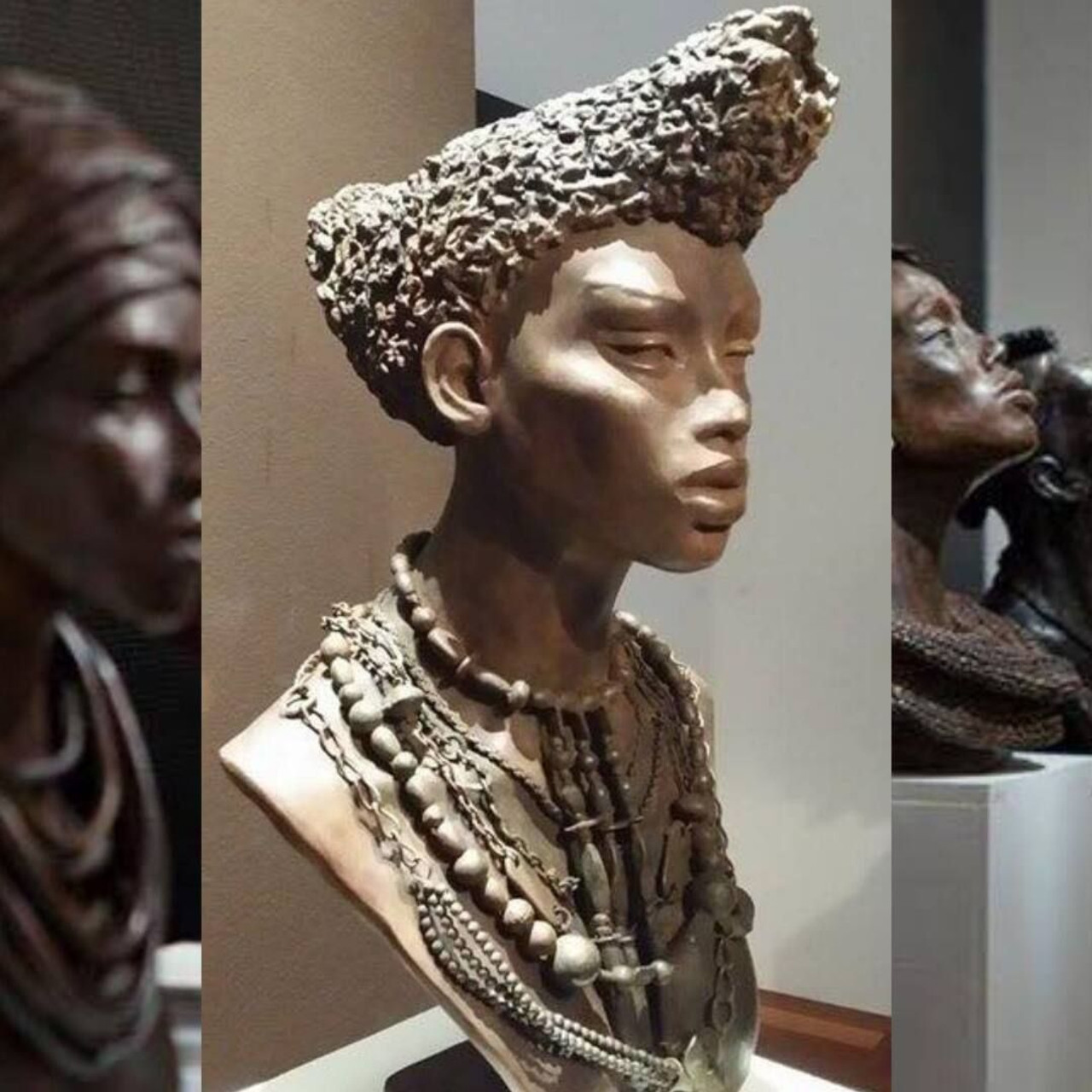 Photo de la sculpture en bronze représentant une femme coiffée d'une toque réalisé par l'artiste contemporaine Brijitte Bey et proposée à la vente par la galerie parisienne Design by Jaler