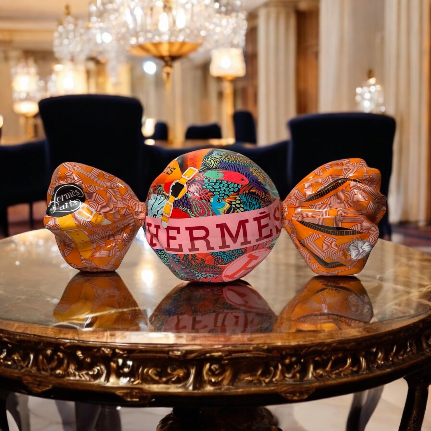 Photo d'une sculpture contemporaine représentant de la dynamiste à l'effigie de la marque de luxe Louis Vuitton, créé par l'artiste Rémy Aillaud et proposé à la vente par la galerie d'art contemporain Design by Jaler