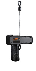 CM BatteryStar 1-ton electric chain with 30ft lift hoist displayed against a neutral background, showcasing its cordless design and durable build. Ideal for portable and heavy-duty lifting applications.
