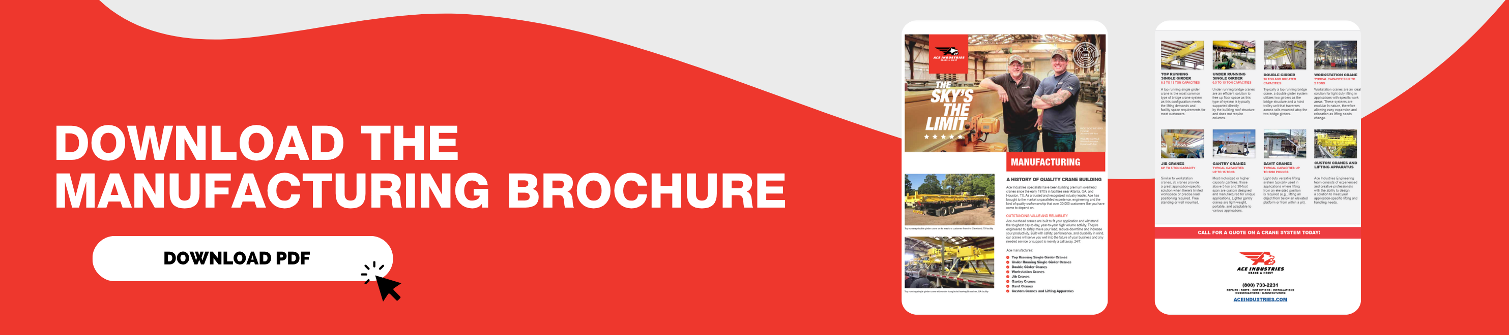 Ace Industries Crane Manufacturing Brochure featuring top running and under running bridge cranes, jib cranes, gantry cranes, workstation systems, and custom-engineered lifting solutions