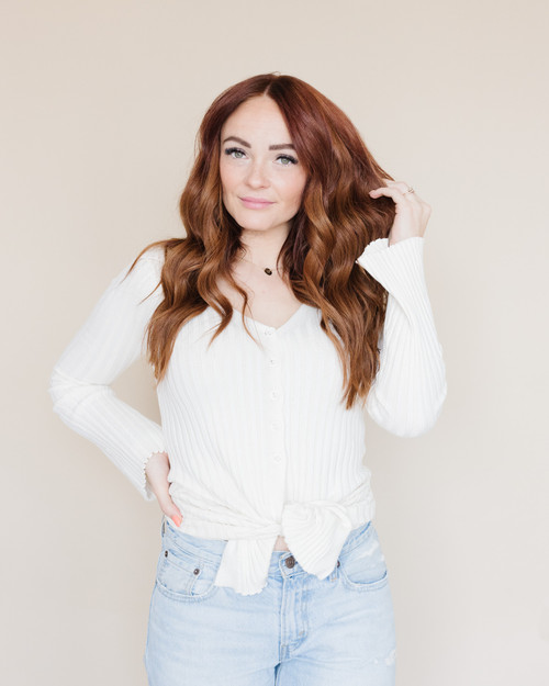 Model wearing Vibrant, Copper Red Spice Cake Hair Extensions