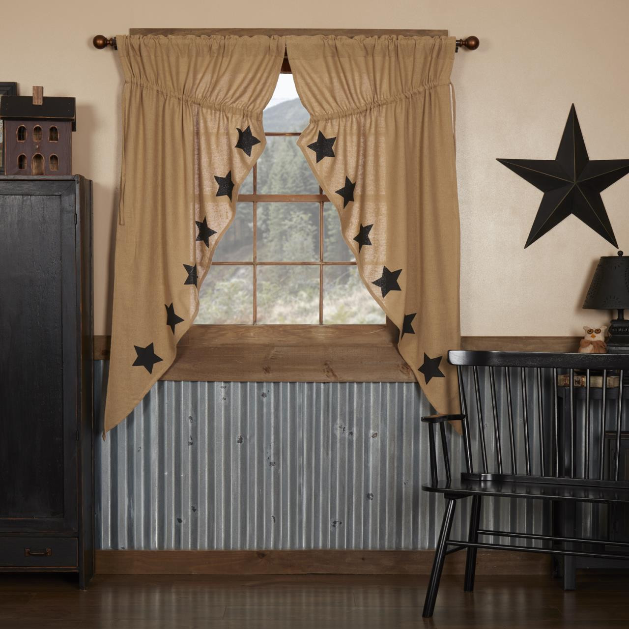 Burlap Natural Black Stars Prairie Gathered Curtains - 72x63