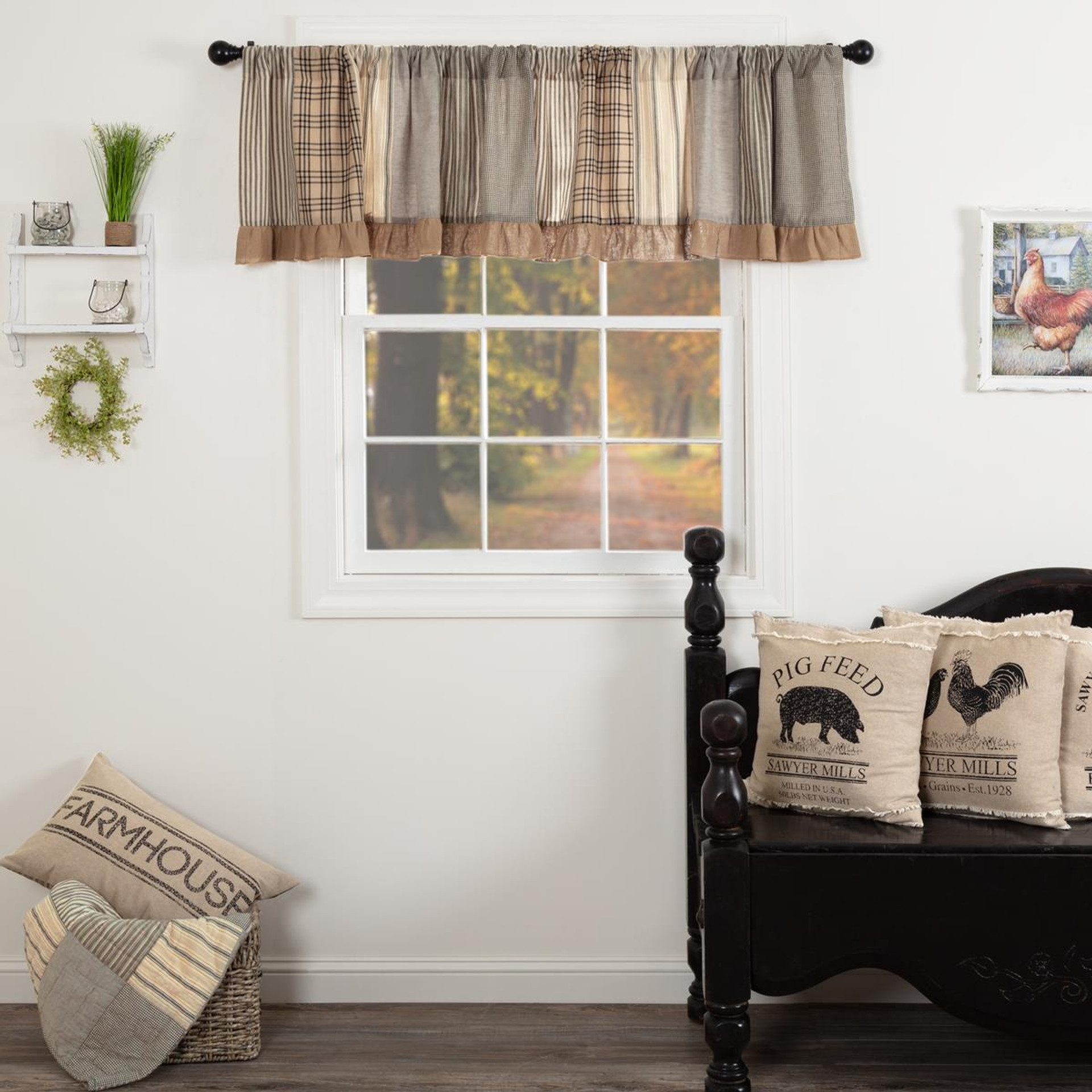 Sawyer Mill charcoal patchwork valance in a living room