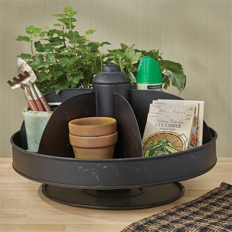 6 pocket lazy susan filled with gardening tools