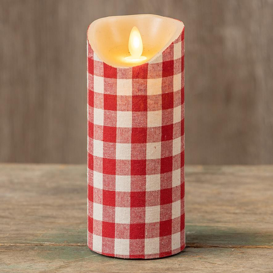 Red and white gingham timer candle on a table