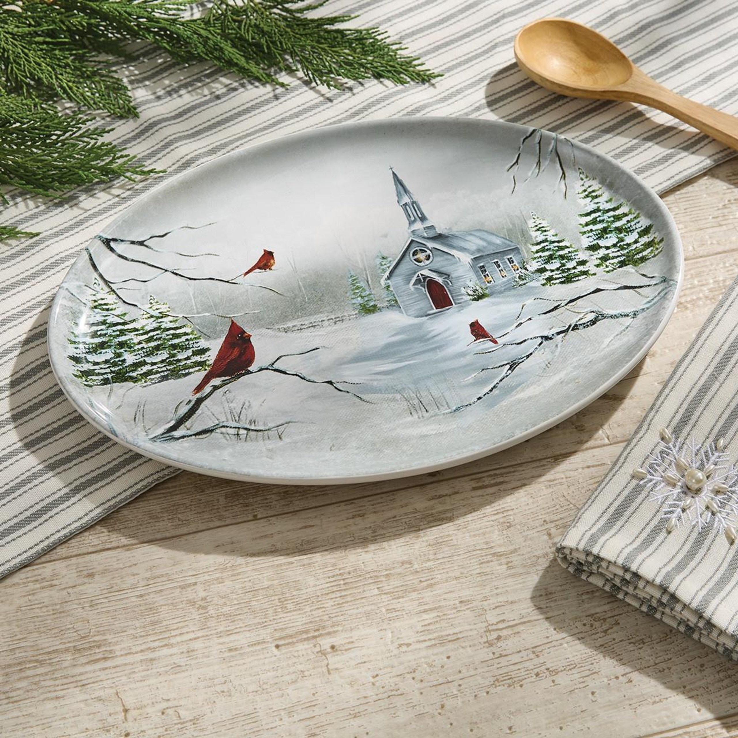 Oval platter with a church and cardinals