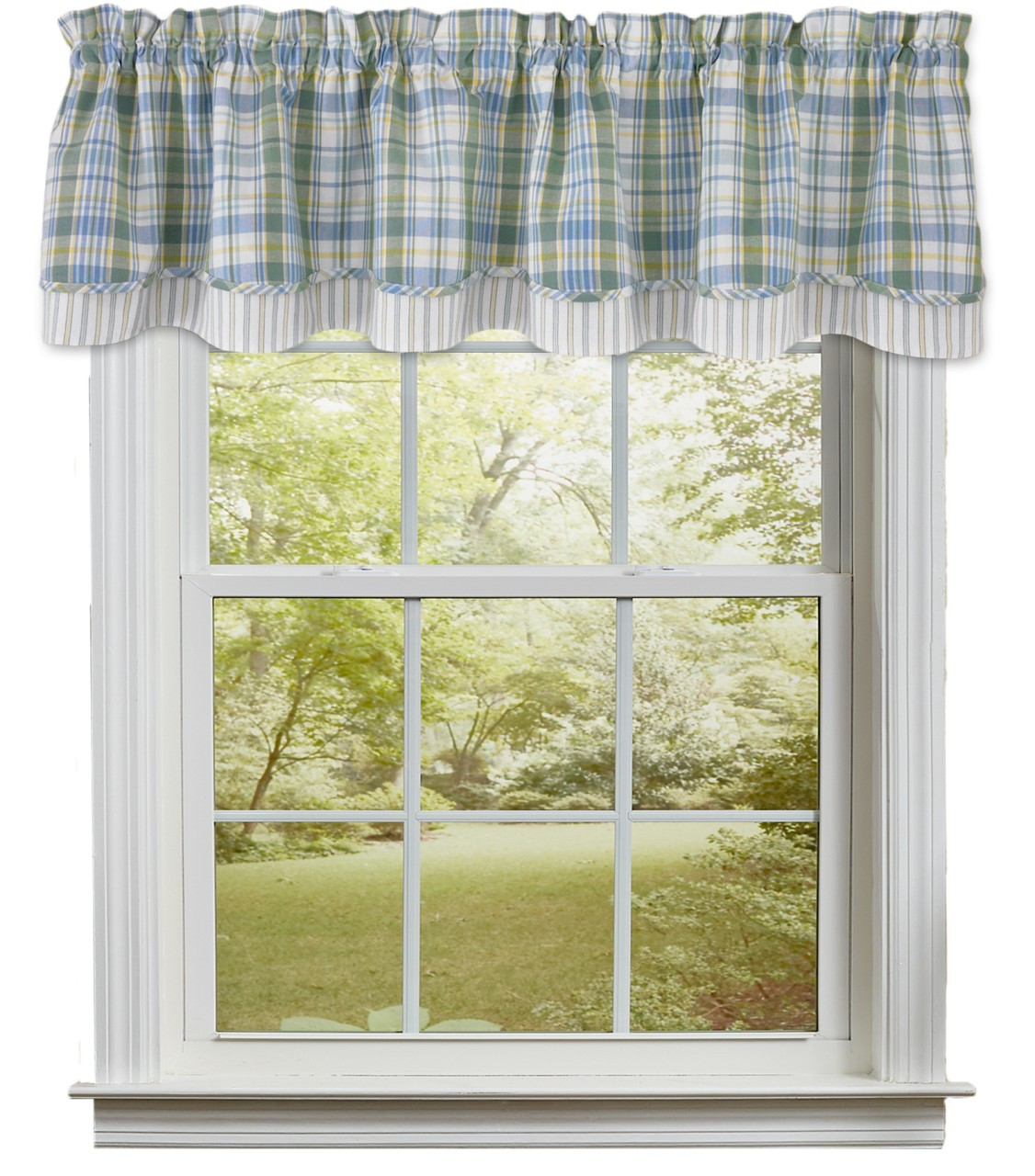 Sarasota plaid valance on a white window