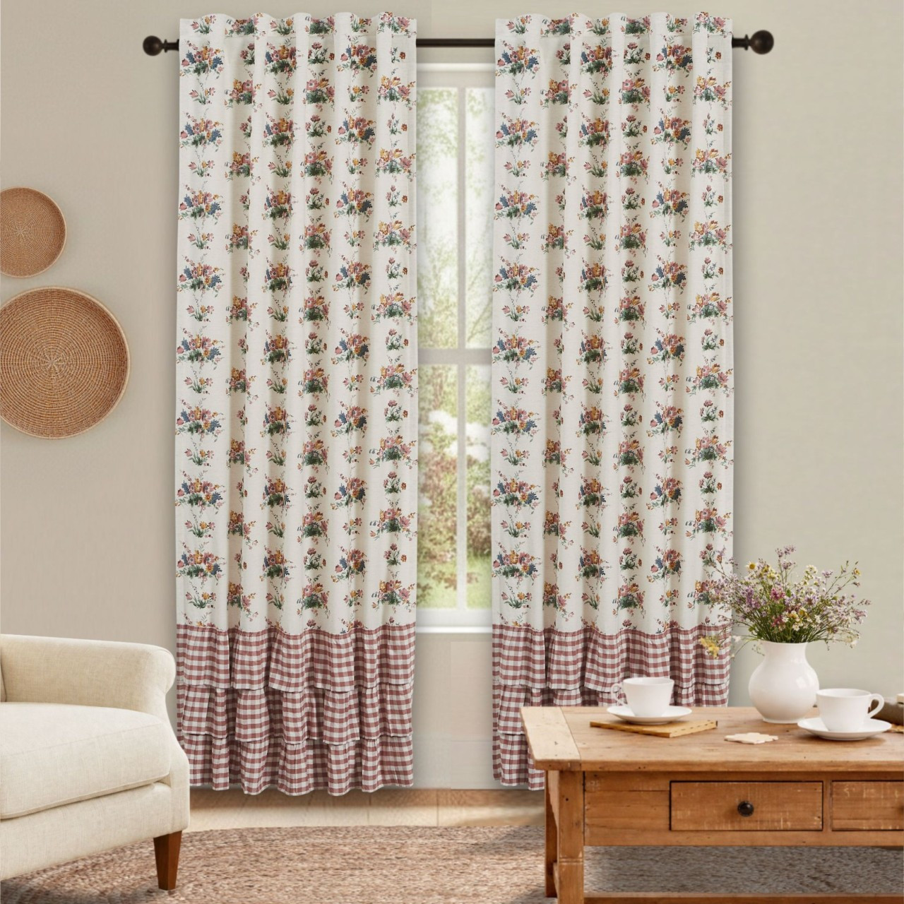 Room styled with white floral curtain panels