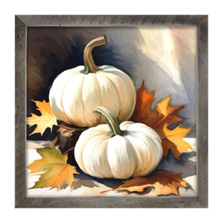White Pumpkins With Fall Leaves - Natural Frame 27x27 - 400000711690