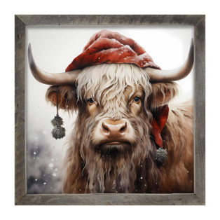 Highland Cow With Santa Hat - Natural Frame 25x25 - 400000711805
