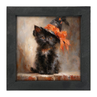 Black Kitten With Witch Hat - Black Frame 14x14 - 400000737515