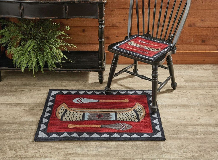 ●Hooked Rug●108cm×76cm　壁掛けラグ　ヴィンテージ　絨毯 Wilderness Canoe Hooked Rugs - Country Village Shoppe