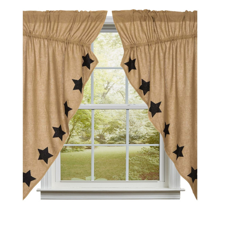 Burlap Natural Black Stars Prairie Gathered Curtains - 72x63