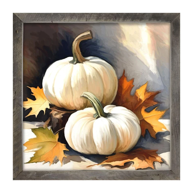 White Pumpkins With Fall Leaves - Natural Frame 27x27