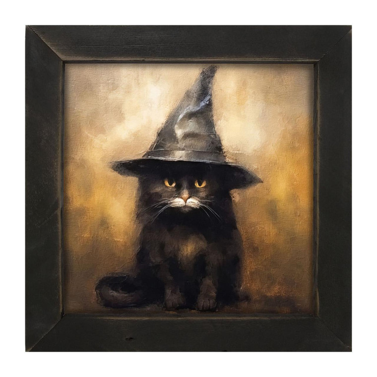 Cat With Witch Hat - Black Frame 16x16