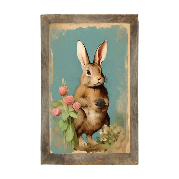 Pastel Bunny With Roses - Natural Frame 15x25