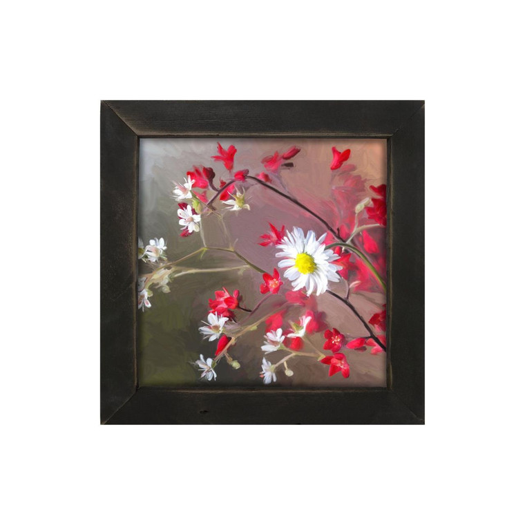 White Daisy Red Branch - Black Frame 14x14