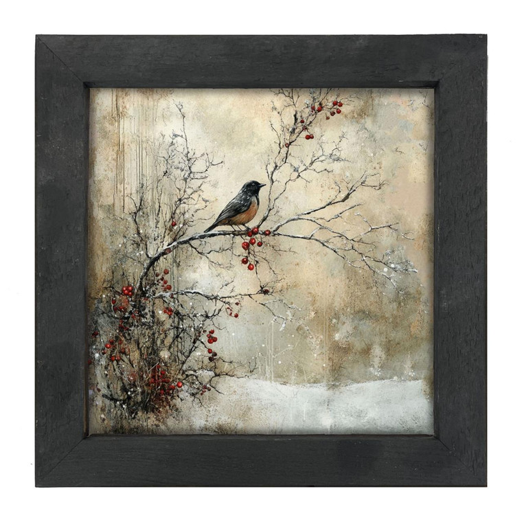 Bird On Berry Branch - Black Frame 14x14
