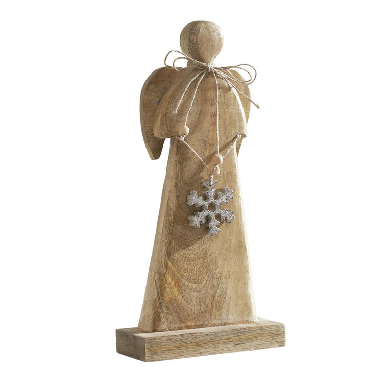Natural Wooden Angel With Metal Snowflake - 5.75x12 - Country